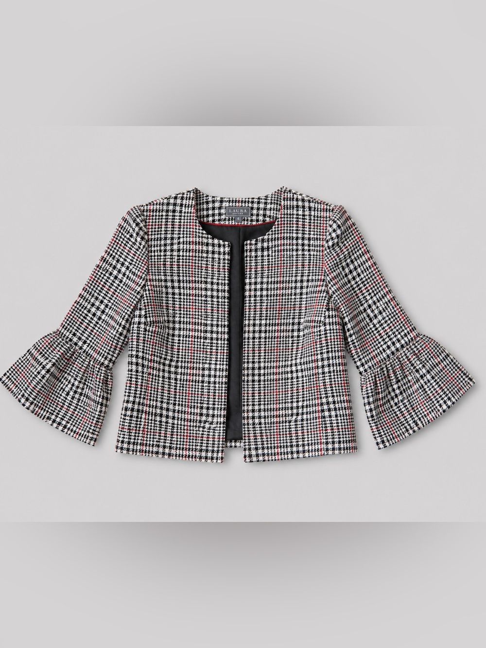 LAURA Plaid Bell Sleeve Collarless Jacket Formal Corporate Blazer Women US Size6